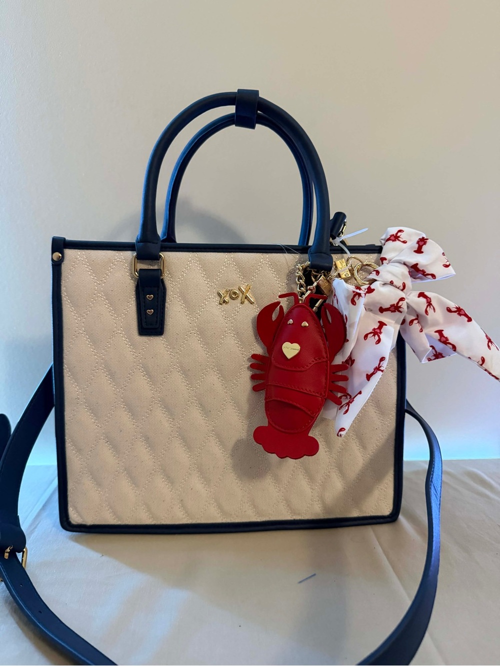 Betsey Johnson Quilted Cream & Navy Tote with Red Lobster Charm
